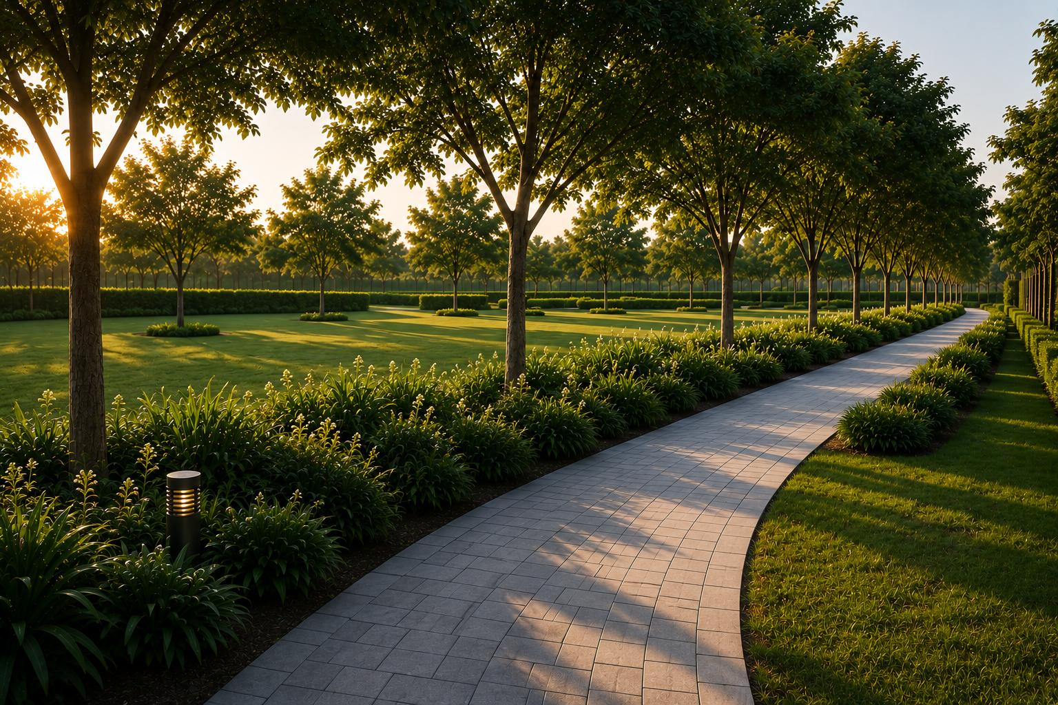 Tree-lined pedestrian avenue within a plotted development