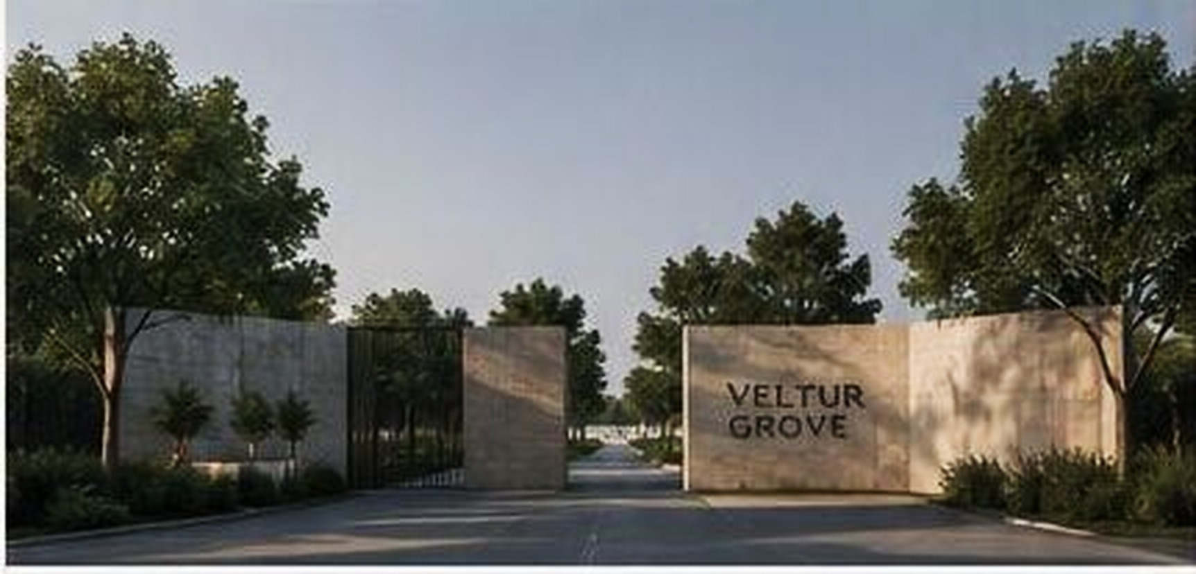 Entry court and wall signage for Veltur Grove